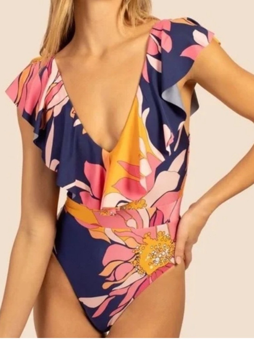 EUC Trina Turk Breeze Ruffle One Piece Blue Pink Orange Ruffled Swimsuit